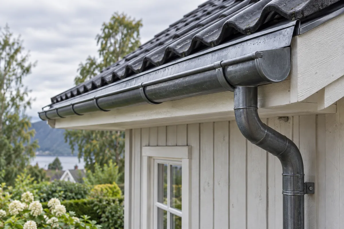 Takrenner og beslag ved takfoten Detalj av en metalltakrenne og et nedløpsrør under et grått tak på et trehus.